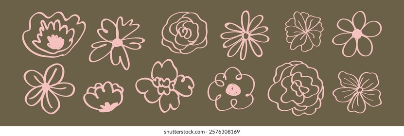 Pink floral doodles on olive background. Hand-drawn flowers, pink floral patterns, and doodles create a whimsical floral design. Doodle illustrations, vector set.