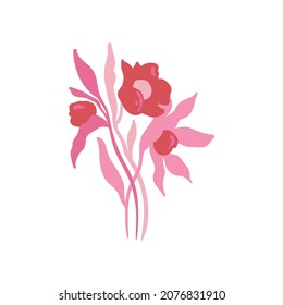 Pink floral elements. Flower and green leaves.Modern trendy Matisse minimal style.  Floral poster, invite. Vector arrangements for greeting card or invitation design