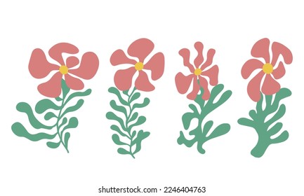 Rosa Blumenelemente. Blumen und grüne Blätter. Moderne Trendmotive Matisse minimalistischer Stil. Blumenposter, lade ein. Vektorgrafik-Arrangements für Grußkarten oder Einladungen