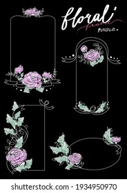 Pink floral frame on the black background, hand-written, lettering, calligraphy, decoration, element, bundle, watercolor, vector