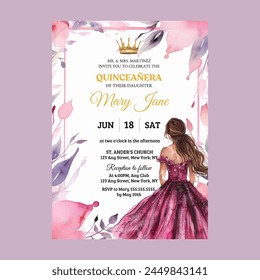 Pink Floral Gold Quinceañera Invitation