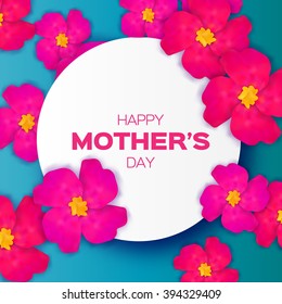 Pink Floral Greeting card - Happy Mothers Day - with Bunch of Spring Flowers holiday background. Beautiful bouquet with circle frame. Abstract Trendy Design Template. Vector illustration.