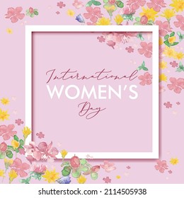 Pink Floral Greeting card - International Women's Day. 8 March holiday background with watercolor frame flowers. Happy Mother's Day. Trendy Design Template. Vector illustration.