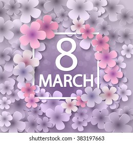 Pink Floral Greeting card - International Happy Women's Day - 8 March holiday background with paper cut Frame Flowers. Trendy Design Template. Vector illustration.