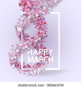 Pink Floral Greeting card - International Happy Women's Day - 8 March holiday background with paper cut Frame Flowers. Trendy Design Template. Vector illustration.