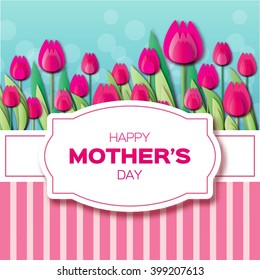 Pink Floral Greeting card - International Happy Mothers Day - 8 May- with Bunch of Spring Tulips. Flower stripes holiday background. Beautiful bouquet. Trendy Design Template. Vector illustration.