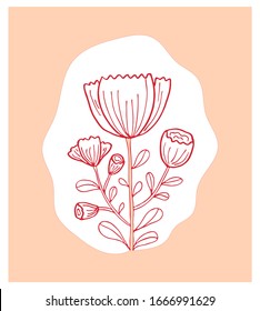 Pink floral greeting card vector illustration for Mothers Day and spring holidays. Hand drawing flowers line art doodles on white background.