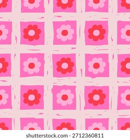 Pink Floral Grid Seamless Pattern. Modern playful drawn background with paint checkered texture and rough daisy Flower Blossoms. Trendy funky repeat vector illustration