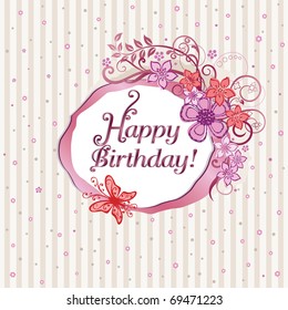 Pink Floral Happy Birthday Card. This Image Is A Vector Illustration.