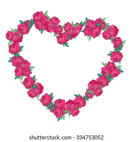 Pink Floral Heart Shape Wreath Made With Peonies. Frame or Border of Flowers  Isolated On White Background. Good For Web, Print, Invitations, Greeting or Save The Date Cards.