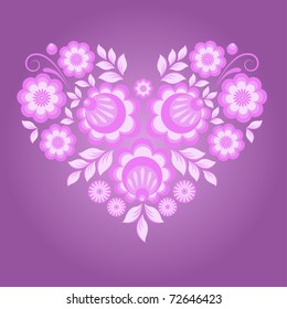 Pink floral heart / The vector image of heart consisting of pink flowers on a purple background. The different graphics are all on separate layers so they can easily be moved or edited individually.