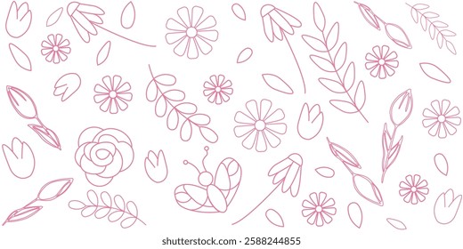Pink Floral Illustrations Featuring Flowers, Leaves, and a Butterfly. Minimalist floral drawings showcasing various blossoms, leaves, and delicate designs in pink tones. Ideal for decorative