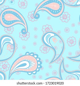 Pink Floral India Vector Seamless Pattern. Abstract Leaf Print. Ornament Ethnic Wallpaper. Blue Fabric Background.