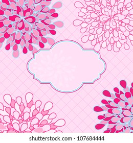 Pink Floral Invitation Card with Vignette Label in Center. Vector Illustration