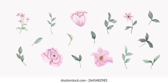 pink floral and leaves watercolor collection