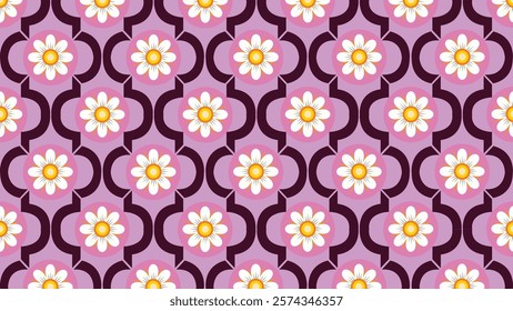 Pink Floral Ogee Pattern with Daisy Motifs. A seamless pattern featuring charming white daisies with bright yellow centers, framed by a vibrant pink and maroon ogee lattice design.