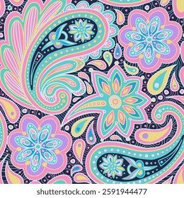 Rosa Floral Paisley Vetor Padrão Sem Costura. Ilustração colorida sofisticada e abstrata sobre o futuro fundo escuro da moda do entardecer. Perfeito para tecido têxtil ou papel de parede boêmio