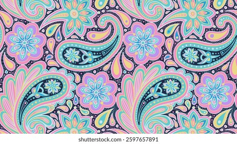 Pink Floral Paisley Vector Seamless Pattern. Intricate Sophisticated Whimsical Abstract Colorful Illustration on Future Dusk Trendy Dark Background. Perfect for Fabric Textile or Bohemian Wallpapers