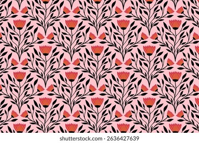 Pink floral pattern with black leaves and red flowers, ideal for backgrounds, textiles, stationery, feminine product. Seamless pattern of stylized red flowers for feminine designs
