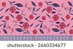 Pink Floral Pattern Border With Red Flowers, Blue Leaves, And A Geometric Border.