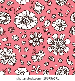 pink floral pattern for girl. Vector floral seamless pattern with butterflies and ornaments