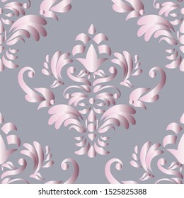 Pink floral pattern on a gray background, baroque seamless wallpaper