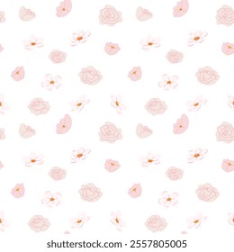 Pink floral pattern with roses and blossoms on white background.