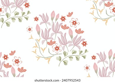 Pink Floral pattern seamless embroidery ethnic batik vintage. Flower motifs paisley batik print template. Peach pink flowers ikat design hand drawn. Vector illustration. 