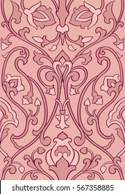 Rosa Blumenmuster. Nahtlose filigrane Ornamente. Stilvolle Vorlage für Tapeten, Textilien, Schal, Teppich und jede Oberfläche. Farbiger Hintergrund mit Vögeln und Blumen.