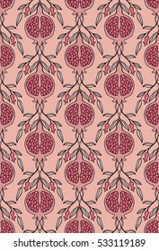 Pink floral pattern. Seamless vector ornament with pomegranate. Stylized template for wallpaper, textile, linen, bedspread, curtain, shawl, tile, carpet and any surface.