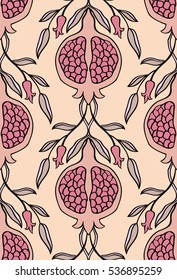Pink floral pattern. Seamless vector ornament with pomegranate. Stylized template for wallpaper, textile, linen, bedspread, curtain, shawl, tile, carpet and any surface.