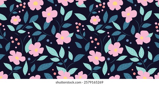 A pink floral pattern surrounded by green leaves on dark background, seamless pattern vector, floral for textile, fabric, and print design.