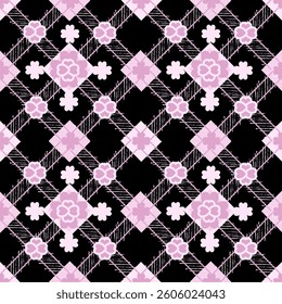 Pink floral plaid pattern with a soft, vintage aesthetic. A seamless decorative on black background perfect for textiles, wallpapers, and designs.