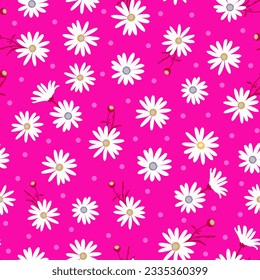 pink floral print. ditsy white daisy seamless pattern. Good for fabric, fashion design, summer spring dress, wallpaper, background, clothing, kimono, pajama, resort wear, textile.