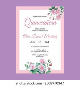 Convite de Celebração de Quinceanera Floral Rosa