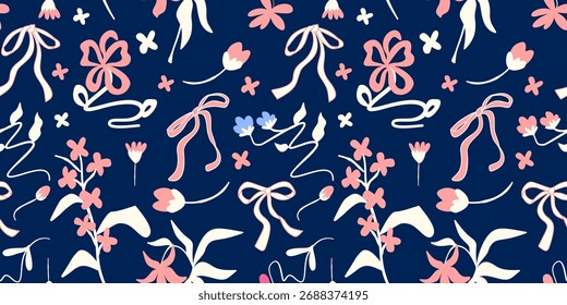 Padrão floral e de fita rosa no fundo azul marinho. Design perfeito e suave de vetor