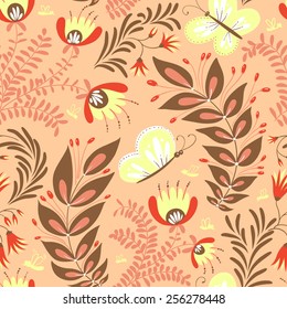 Pink floral seamless pattern with butterfly
