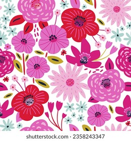 Pink floral seamless pattern design. Bright Botanical hand drawn texture. Perfect for fabric, textile, wrapping paper. Vector illustration