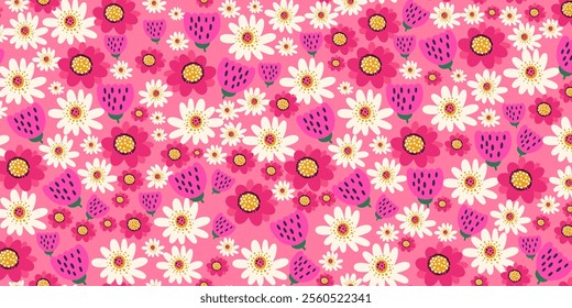Pink Floral Seamless Pattern with Doodle Spring Flowers. Cartoon stylized summer plants in hand drawn style. Sweet nature design for textile, fashion fabric, home decor, wall art, cards, print