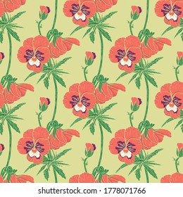 Pink floral seamless pattern with hand drawn pansy flowers on green background. Stock vector illustration.