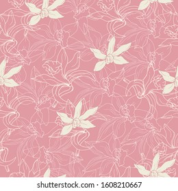 Pink floral seamless pattern. Hand-drawn contours and delicate flowers for fabric dresses, textiles, bedding.