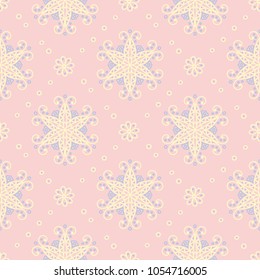Pink floral seamless pattern with light blue and yellow flower elements for wallpapers, textile and fabrics