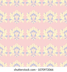 Pink floral seamless pattern with light blue and yellow flower elements for wallpapers, textile and fabrics