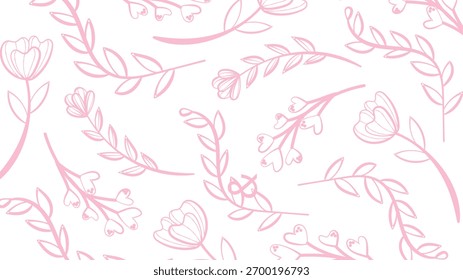 Patrón transparente floral rosado con flores y hojas de arte de línea, perfecto para impresiones de tela, Fondos de pantalla, papel de regalo y fondos decorativos románticos