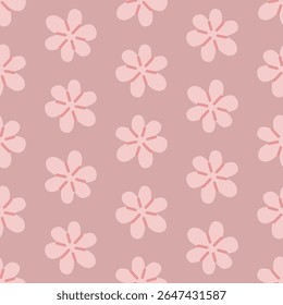 Pink floral seamless pattern with simple five-petal doodle flowers on dusty rose background. Ideal for cherry blossom inspired designs, spring projects, and cute fabric prints.