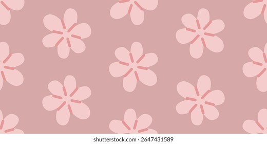 Pink floral seamless pattern with simple five-petal doodle flowers on dusty rose background. Ideal for cherry blossom inspired designs, spring projects, and cute fabric prints.