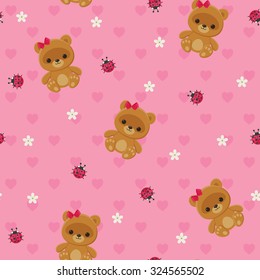 Pink floral seamless pattern with teddy bear and ladybug