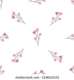 Pink Floral seamless vector pattern with flowers. Spring flora. Simple hand-drawn kids style. Pretty ditsy for fabric, textile, wallpaper. Digital paper in white background
