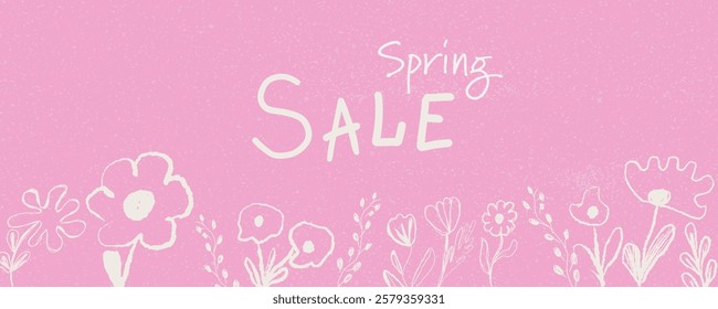 Pink floral spring sale banner with hand drawn doodle flowers, modern minimalist design, textured pastel background, elegant typography, trendy seasonal promotion. Vector illustration