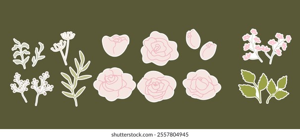 Pink floral sticker set with roses and leaves on olive background.